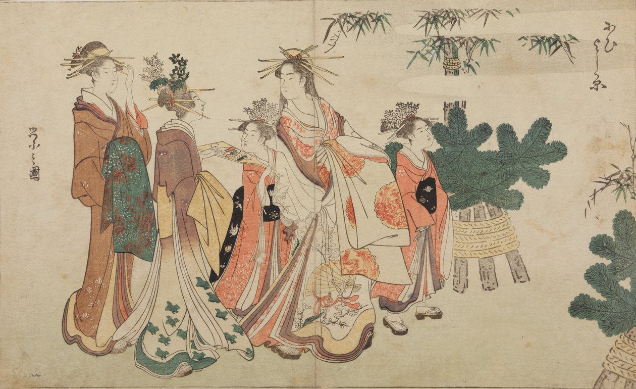 Oiran beim Neujahrsspaziergang mit zwei Shinzo und zwei Kamuro von Chobunsai Eishi