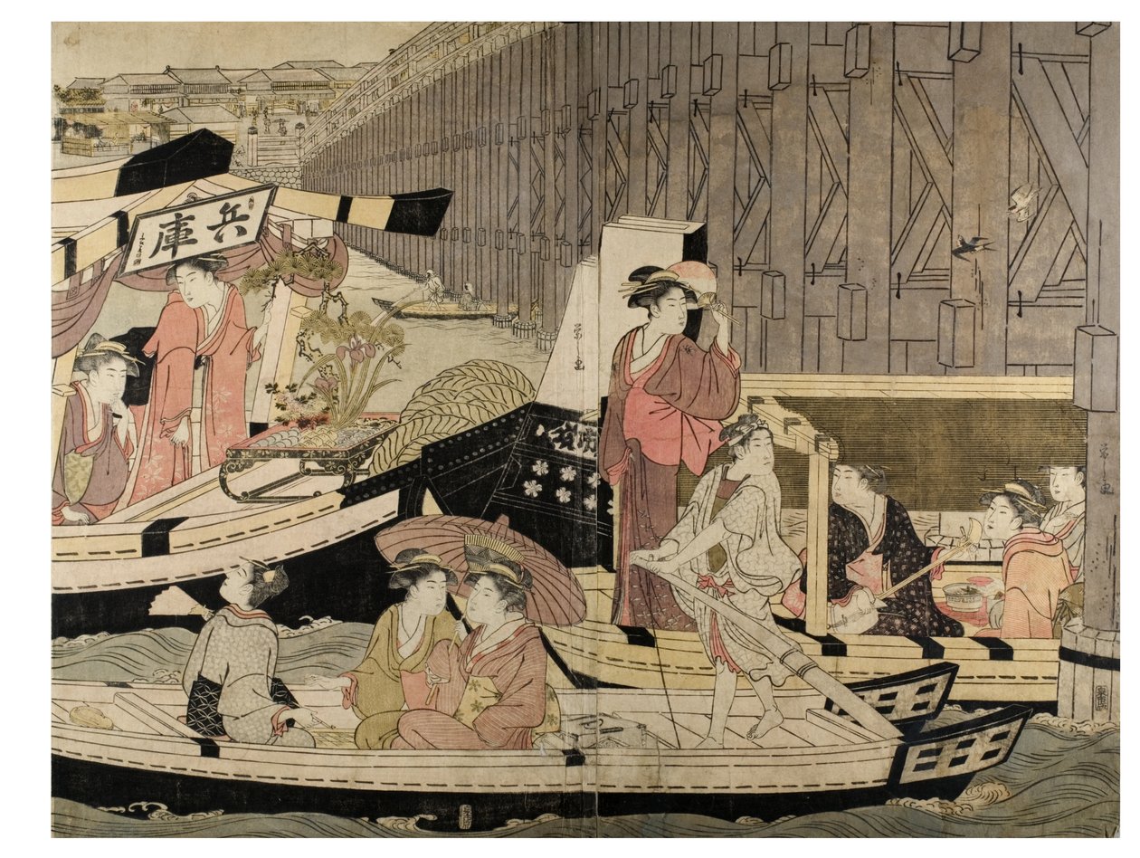 Szene am Sumida-Fluss (aus einem Pentaptychon) von Chobunsai Eishi