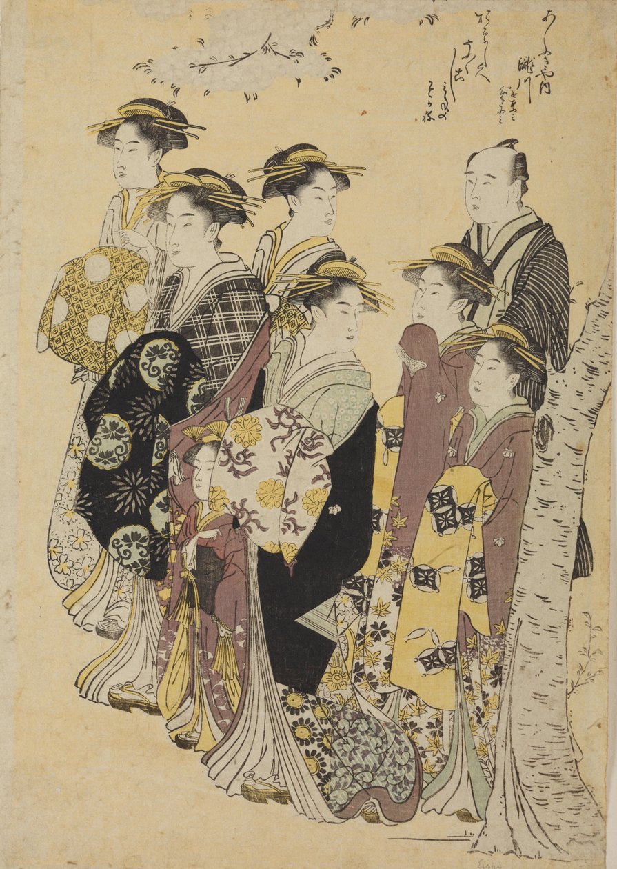 Sechs Oiran beim Spaziergang mit einem Mädchen und einem Mann von Chobunsai Eishi