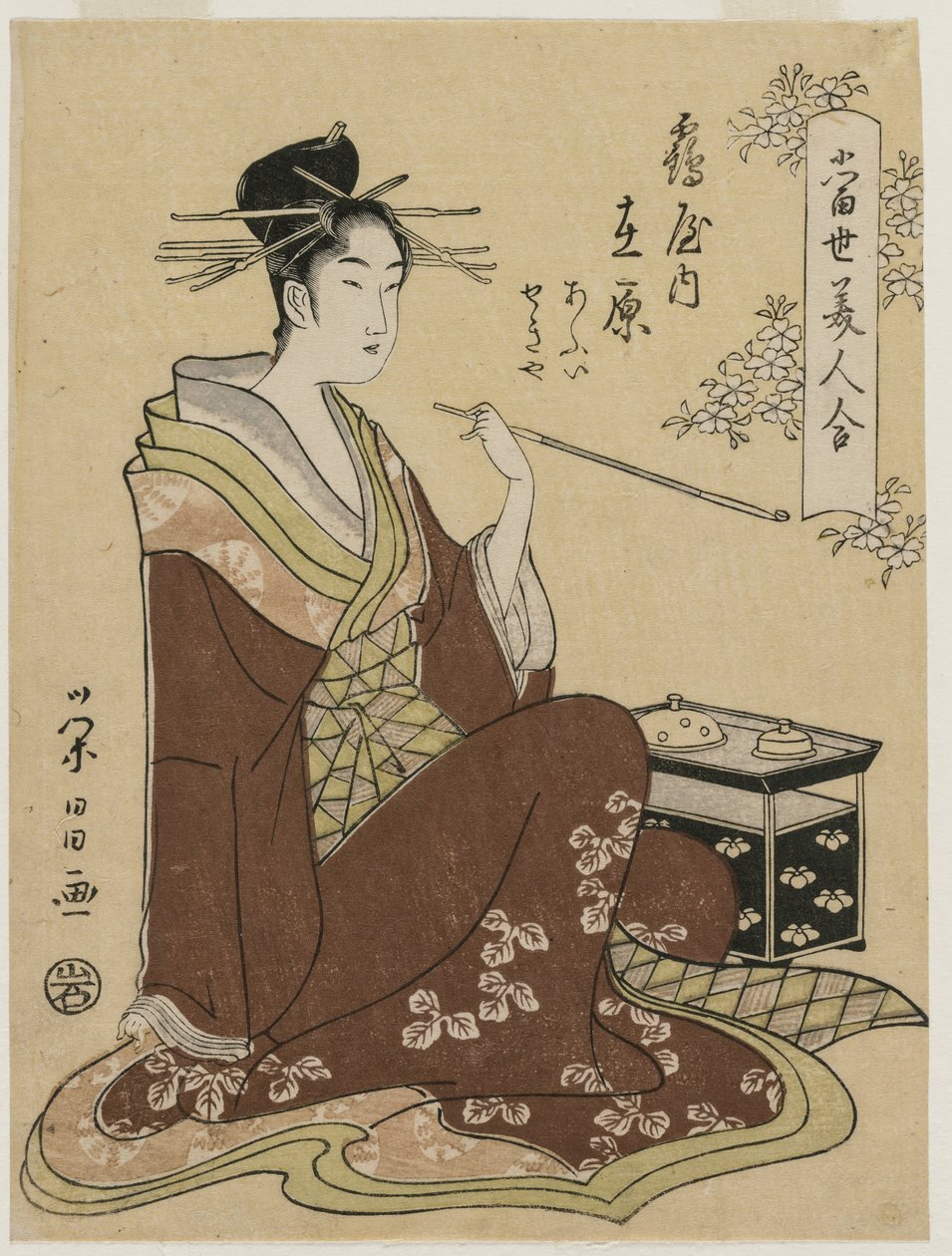 Die Kurtisane Ariwara von Tsuruya sitzt neben einer Rauchkiste (aus der Serie Eine Sammlung moderner Schönheiten) von Chobunsai Eishi