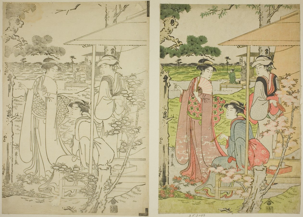 Kirschblüten von einem Teehaus auf dem Asuka-Hügel betrachten von Chobunsai Eishi