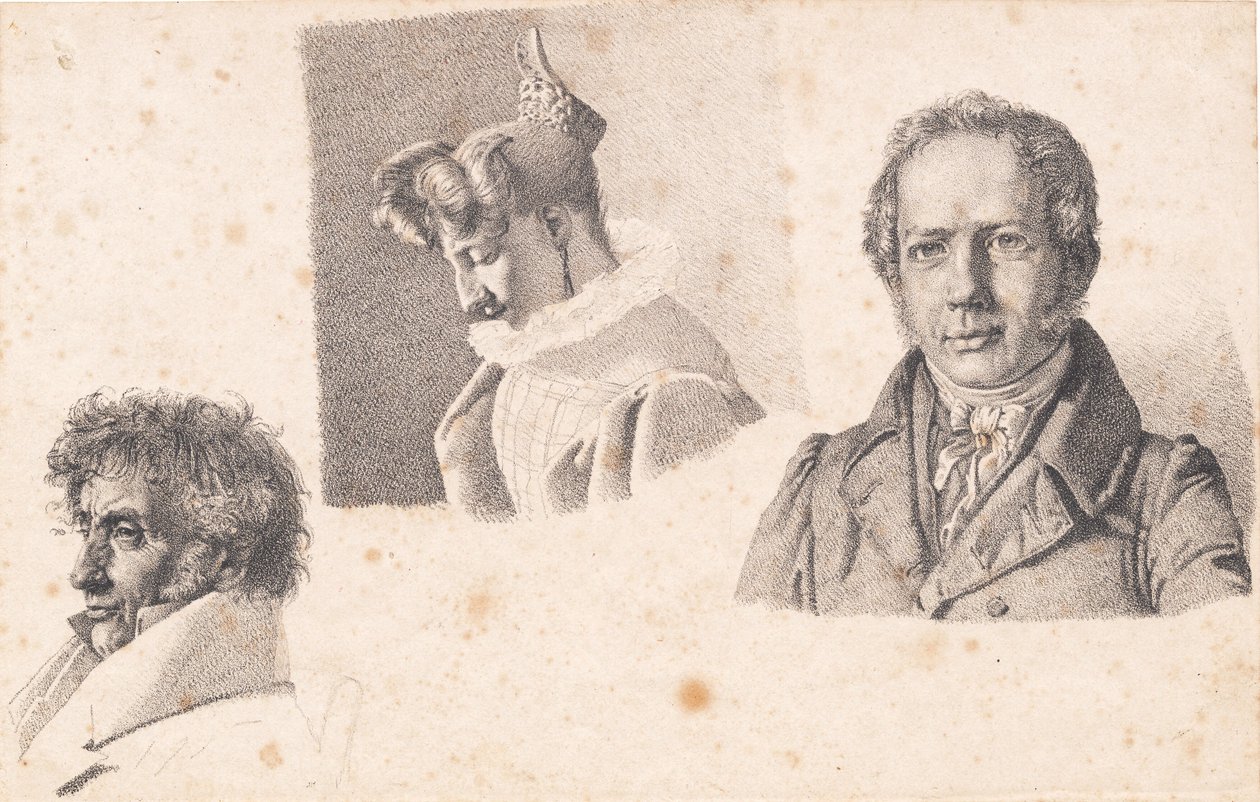 Blatt mit drei Porträts: Bäckermeister Købke, Sophie Krohn und N. Feilberg von Christen Købke