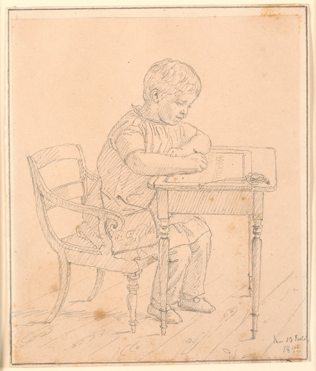 Der Sohn des Künstlers, Peter, schreibt auf einer Tafel von Christen Købke