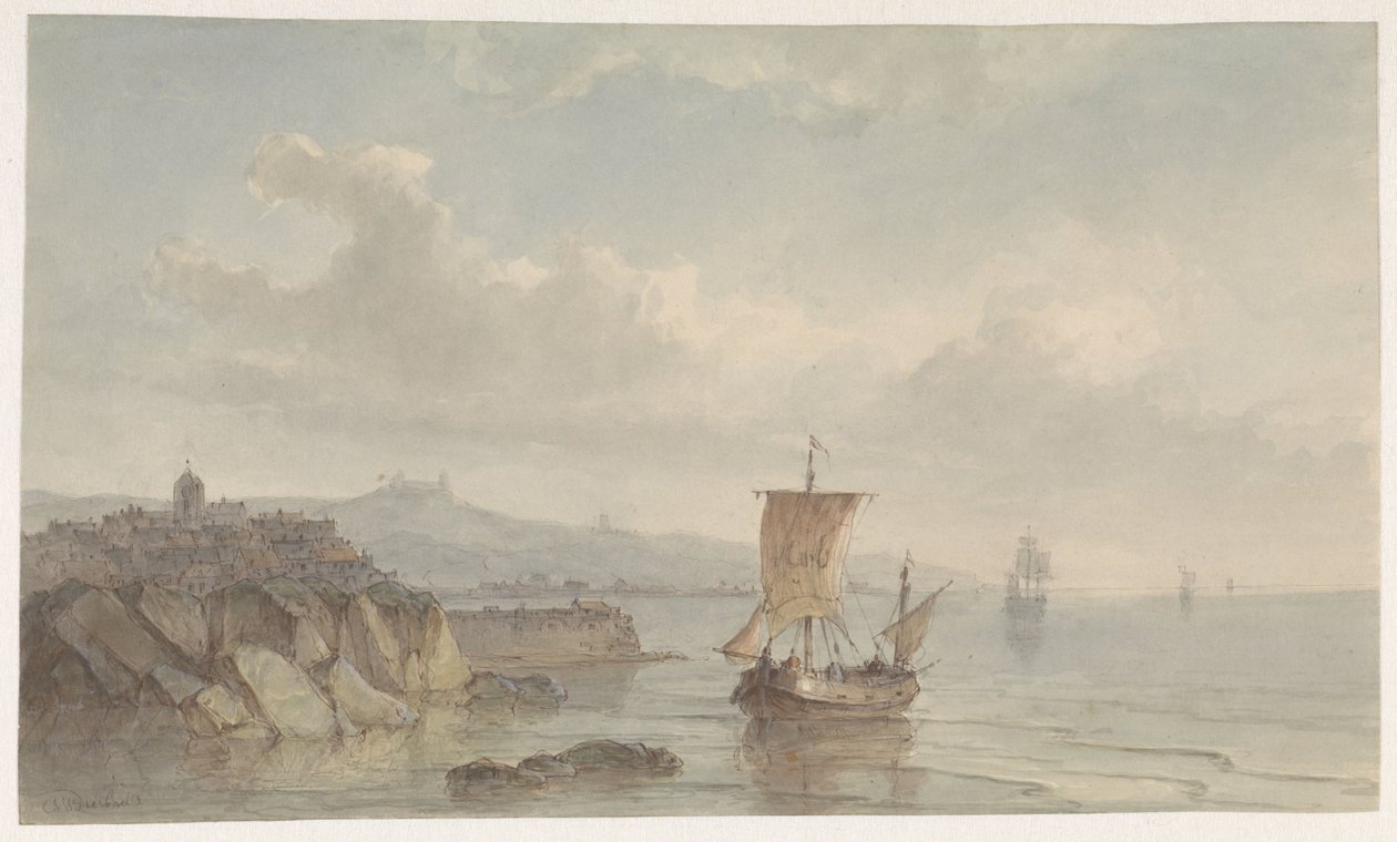 Küstenlandschaft mit Hafen und Schiffen auf dem Wasser von Christiaan Lodewijk Willem Dreibholtz