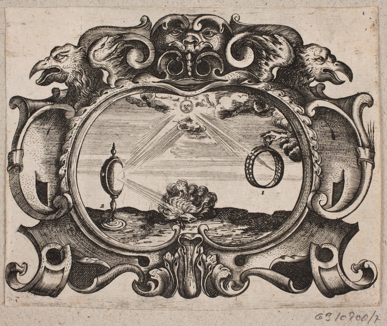 Emblem mit Sonne, die durch einen Ring und eine Brennlinse strahlt, sodass ein Feuer entfacht wird von Christian Rothgiesser