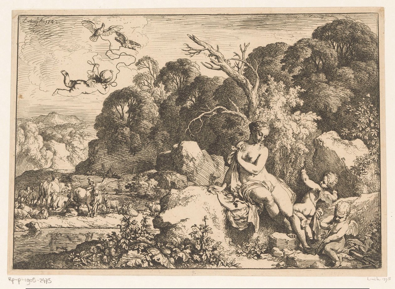 Venus sitzend auf einem Felsen, begleitet von drei Putti von Christian Wilhelm Ernst Dietrich
