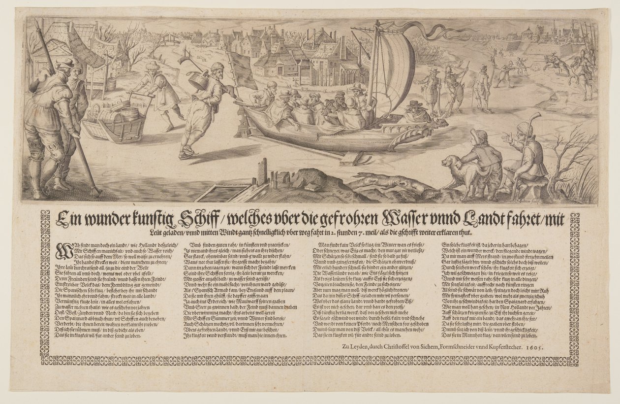Flugblatt mit einem Lastkahn, der auf Eis segelt von Christoffel van Sichem I