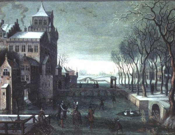 Eine Winterlandschaft mit Figuren, die bei einer Burg auf einem Wassergraben Schlittschuh laufen von Christoffel van den (circle of) Berghe