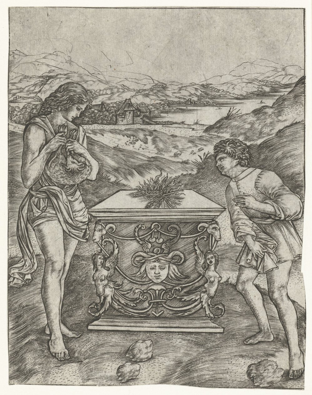 Kain und Abel opfern ein Lamm auf dem Altar