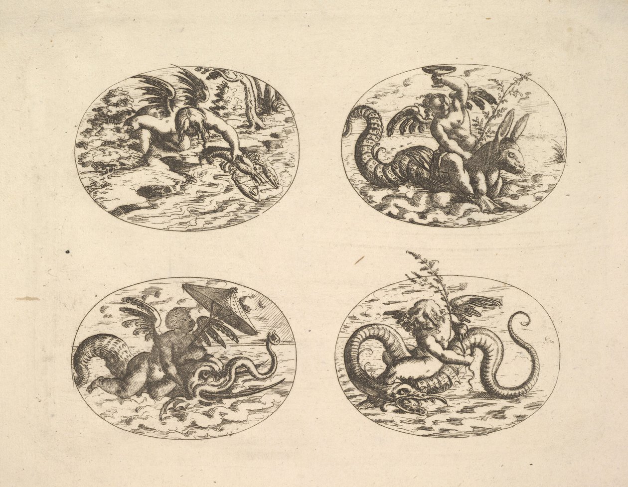 Putti mit Seeungeheuern, Platten aus dem Neue Grotessken Buch, 1610 von Christoph Jamnitzer
