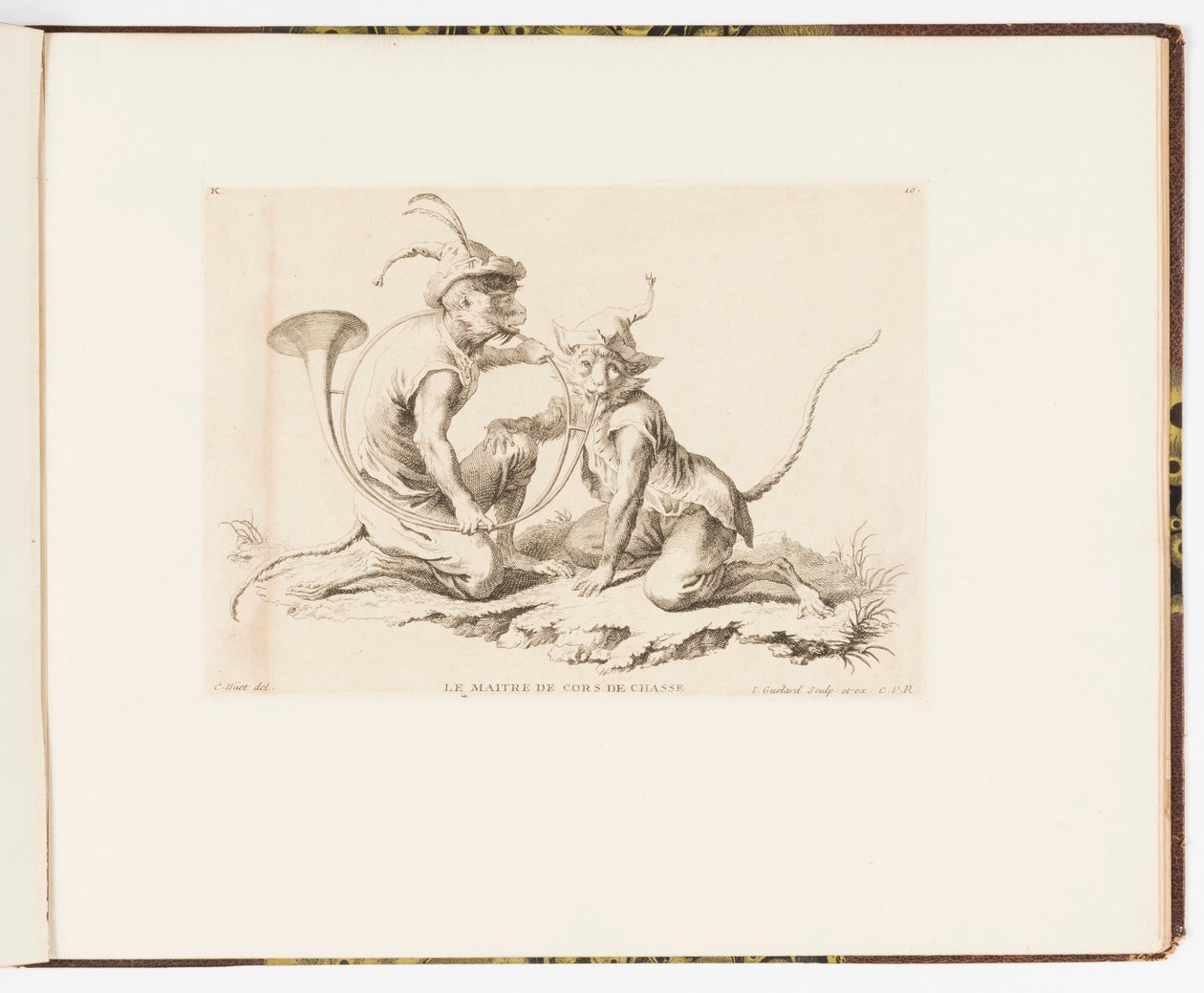 Tafel 10, Le Maître de Cors de Chasse (Der Meister des Jagdhorns), Singeries ou différentes actions de la vie humaine représentées par des singes (Affenspielereien oder verschiedene Handlungen des menschlichen Lebens dargestellt von Affen) von Christophe Huet