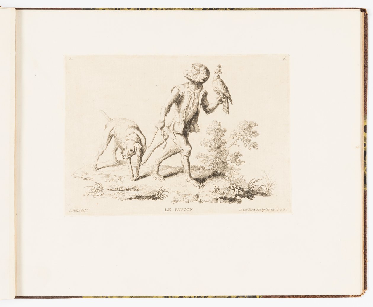 Tafel 5, Le Faucon (Der Falke), Singeries ou différentes actions de la vie humaine représentées par des singes (Affenszenen oder verschiedene Handlungen des menschlichen Lebens dargestellt von Affen) von Christophe Huet