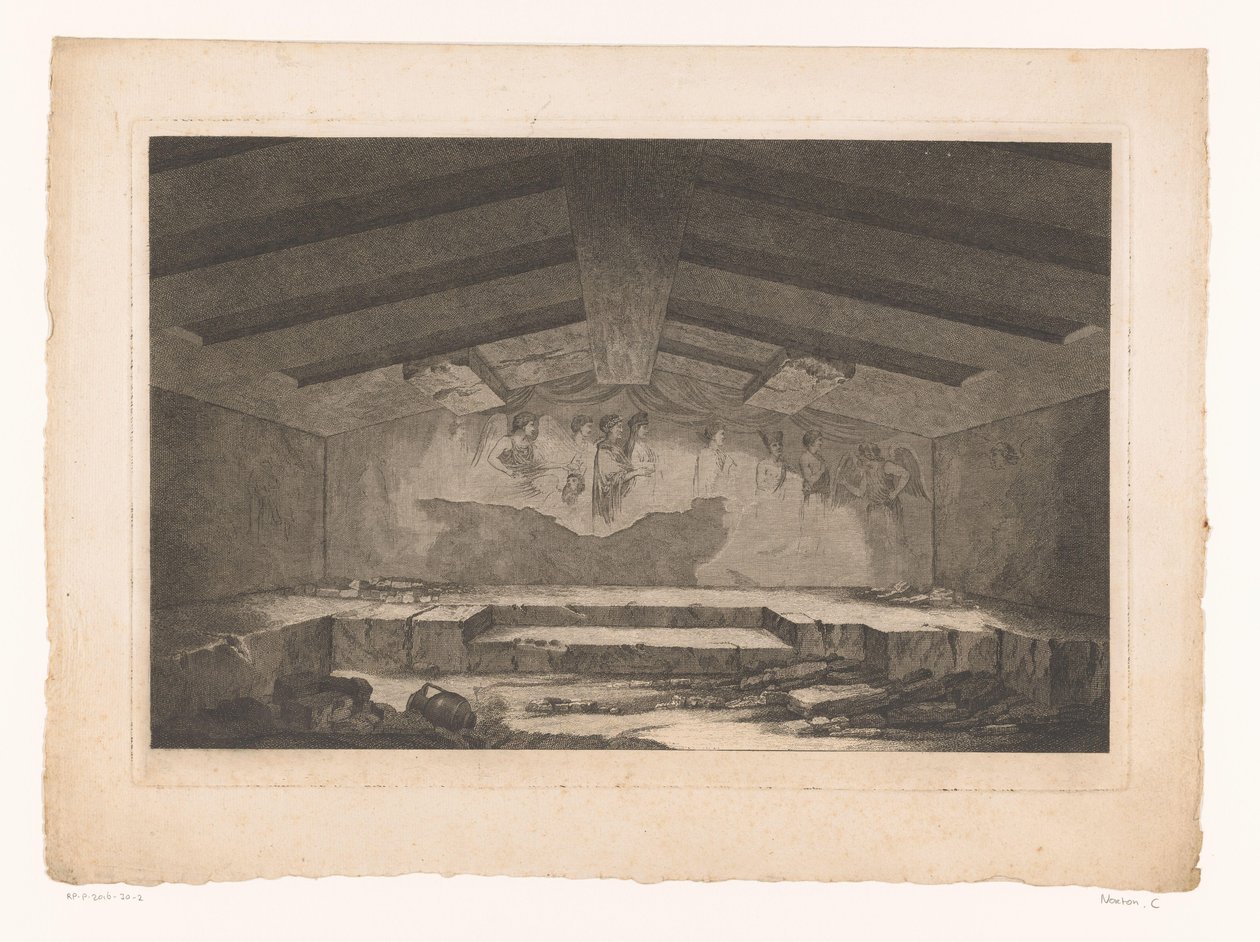 Etruskische Grabkammer in Tarquinia mit einem Wandgemälde einer Prozession an der Rückwand von Christopher Norton