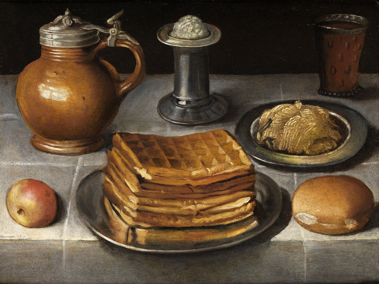 Stillleben mit Zinntellern, Steinkrug und Waffeln von Circle of Georg Flegel