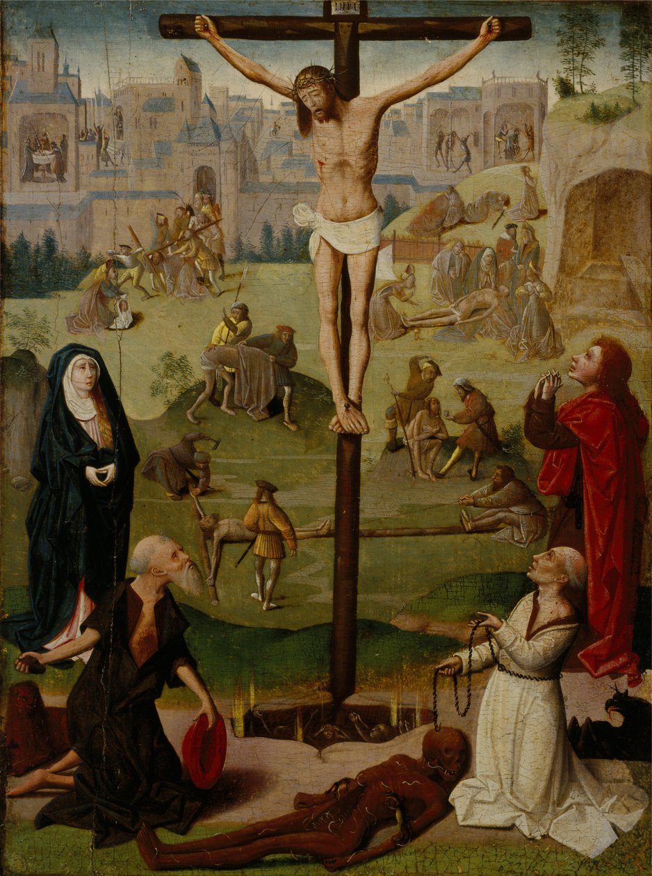 Die Kreuzigung mit St. Hieronymus und St. Dominikus und Szenen aus der Passion von Circle of Geertgen tot Sint Jans