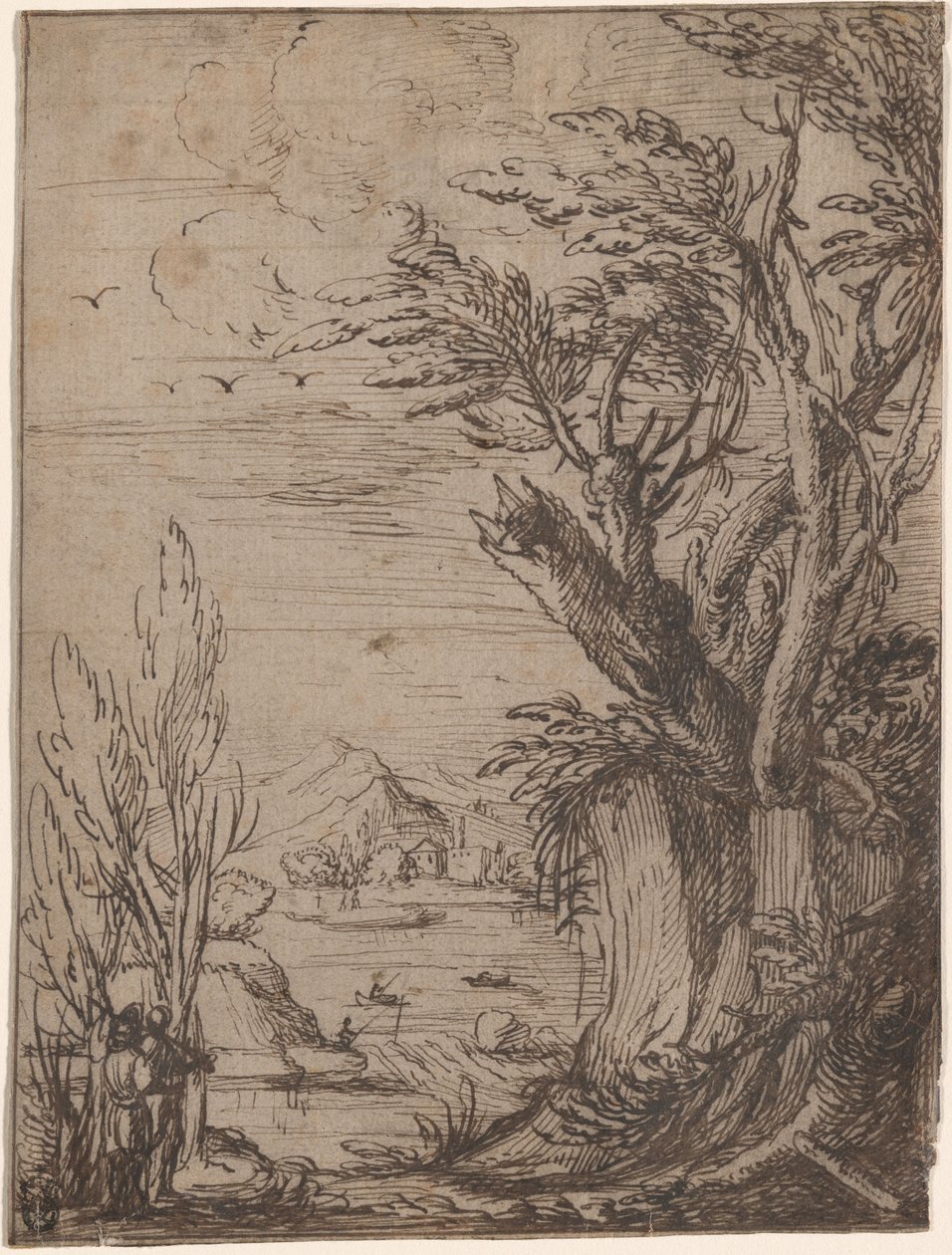 Landschaft mit knorrigen Bäumen und Fischer von Circle of Jacques de Gheyn