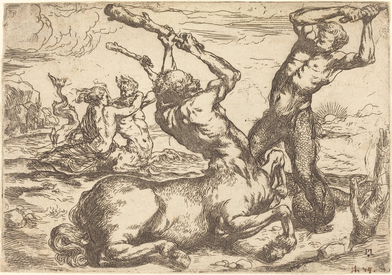 Kampf zwischen einem Zentaur und einem Triton von Circle of Jusepe de Ribera