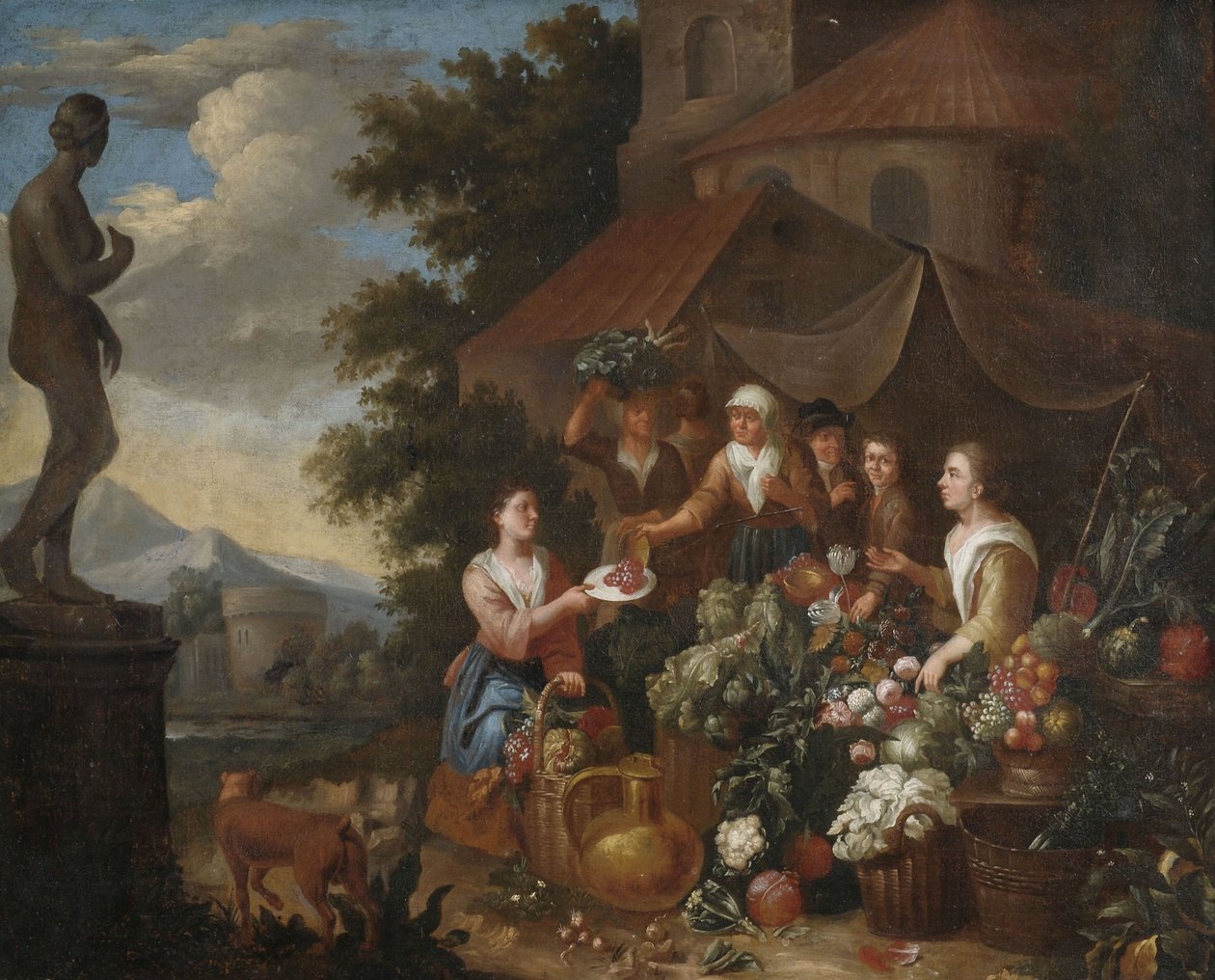 Verkauf von Gemüse und Blumen an einem italienischen Marktstand von Circle of Norbert van Bloemen