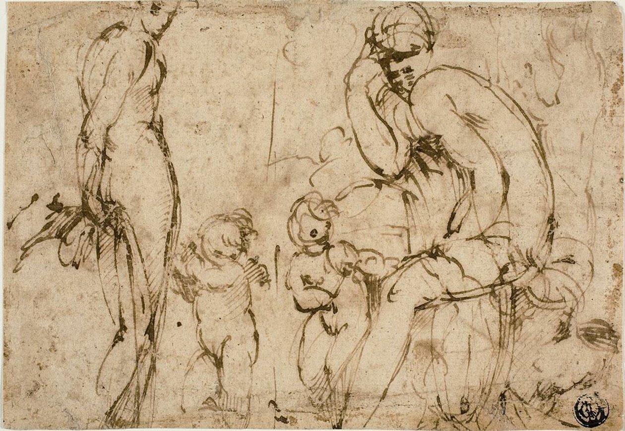 Venus und Mars mit Putti (recto); Bärtiger Mann bewegt sich nach rechts (verso) von Circle of Parmigianino