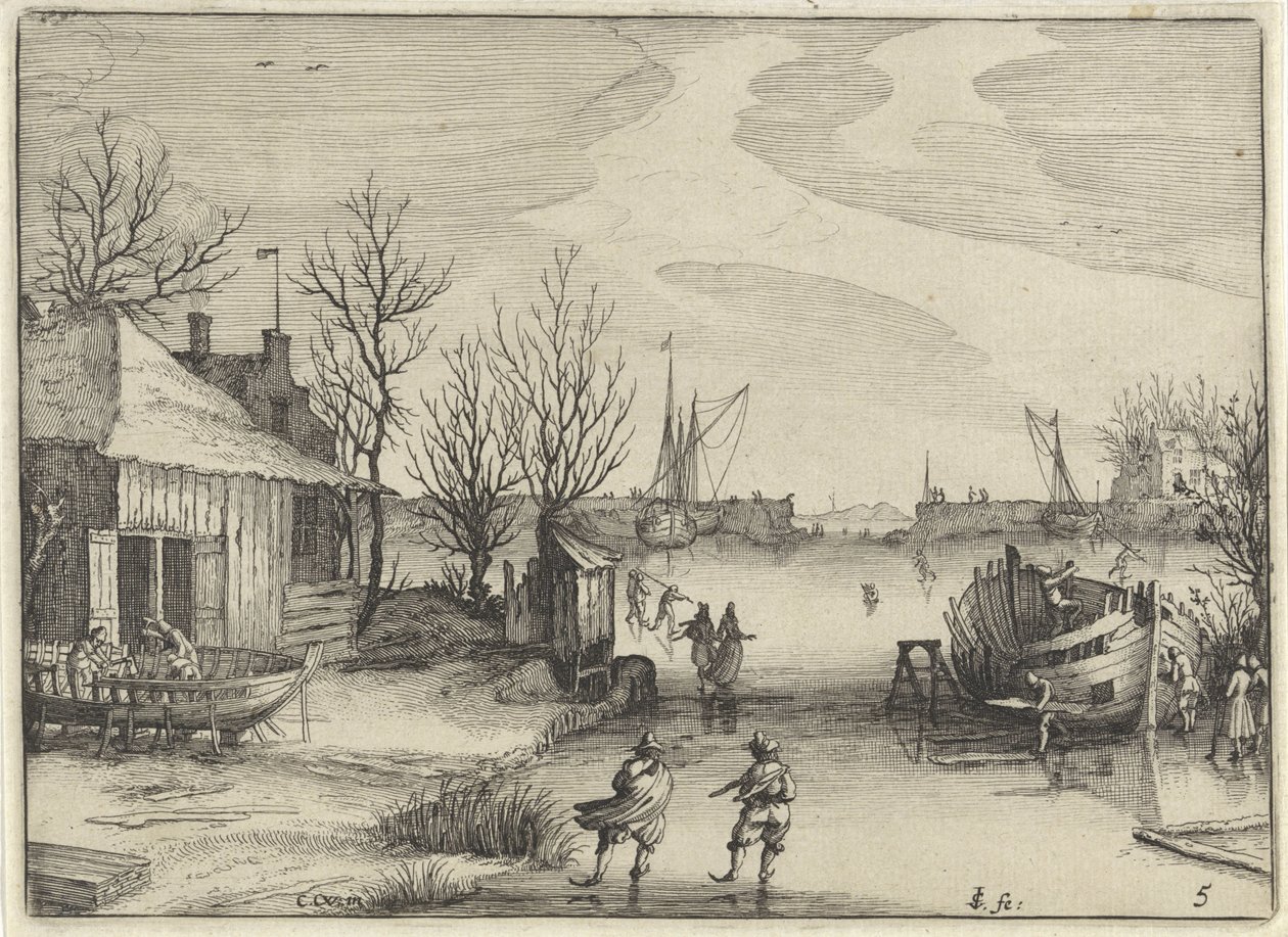 Werft an einem zugefrorenen Kanal von Claes Jansz. Visscher (II)