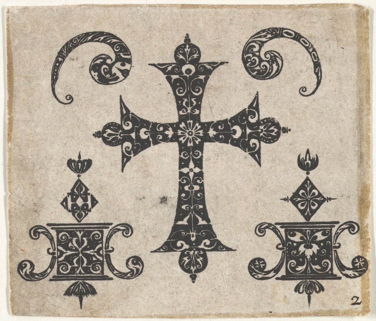 Schwarzarbeit-Druck mit einem lateinischen Kreuz und kleinen Motiven von Claes Jansz Visscher