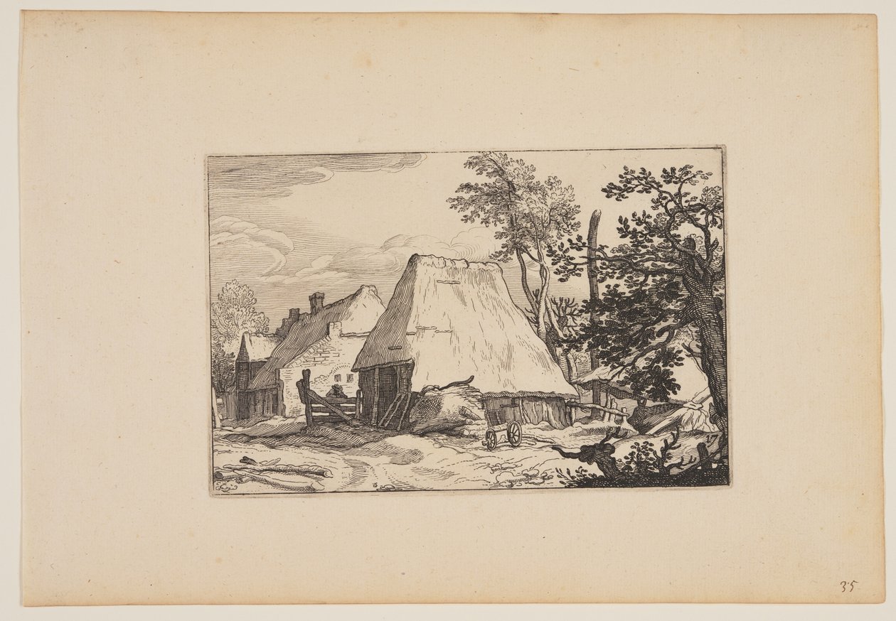 Bauernhof, Mann ruht sich an einem Zaun links der Mitte aus, aus Landschaften (Verscheyden aerdige Lanthuysen...) von Claes Jansz. Visscher