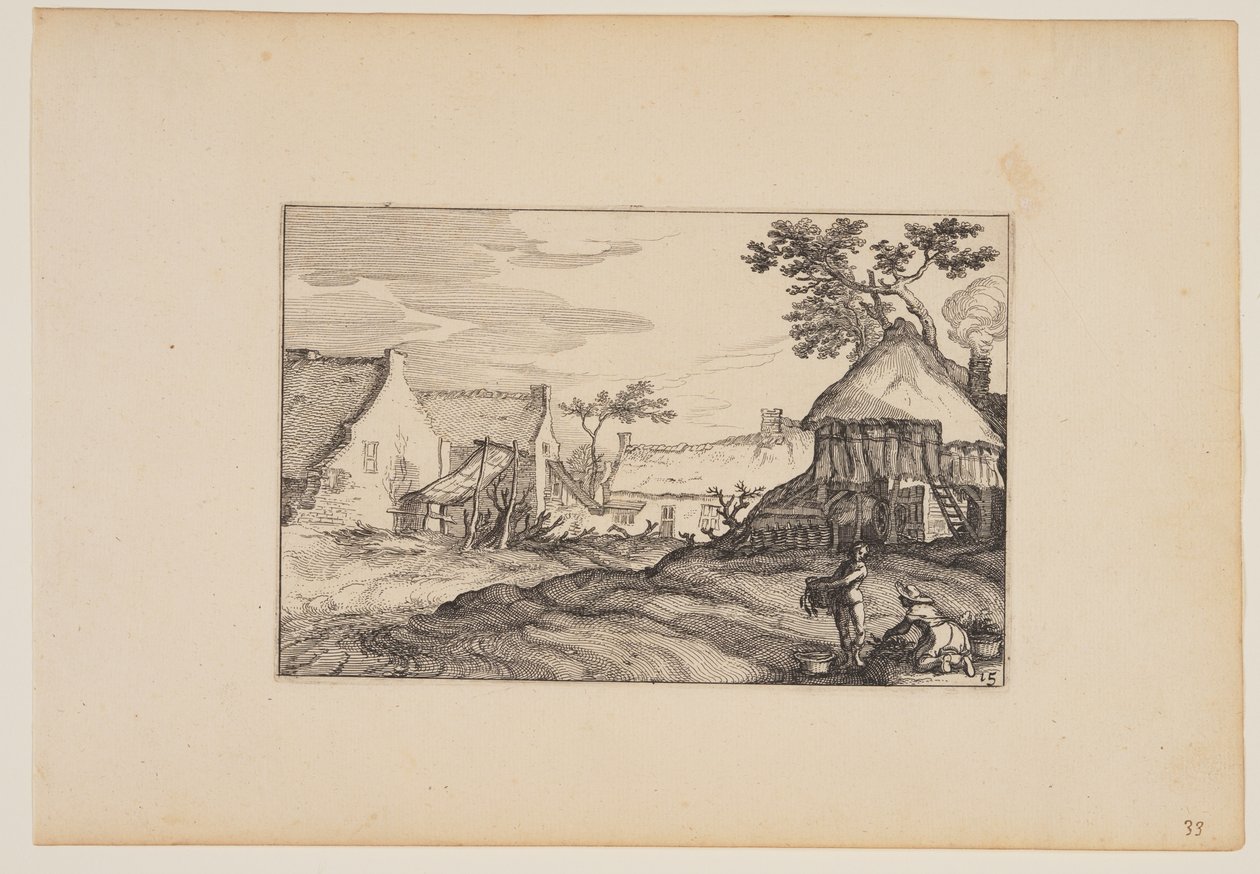 Bauernhof, junger Mann und Frau im Vordergrund, aus Landschaften (Verscheyden aerdige Lanthuysen...) von Claes Jansz. Visscher