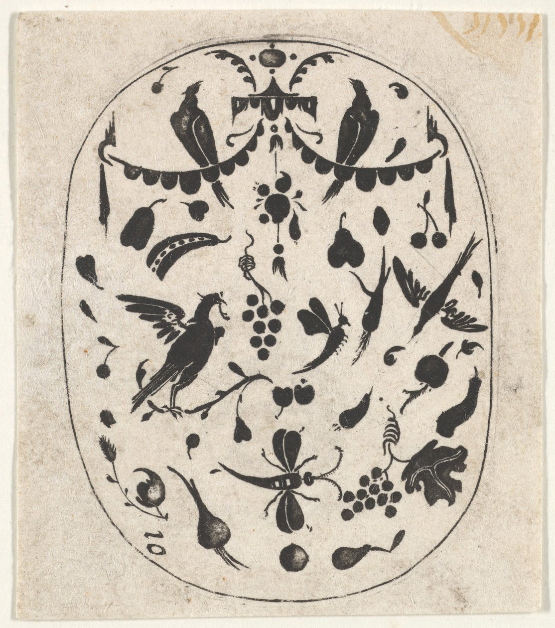 Ovaler Blackwork-Druck mit Vögeln, Insekten und Früchten, ca. 1620 von Claes Jansz Visscher
