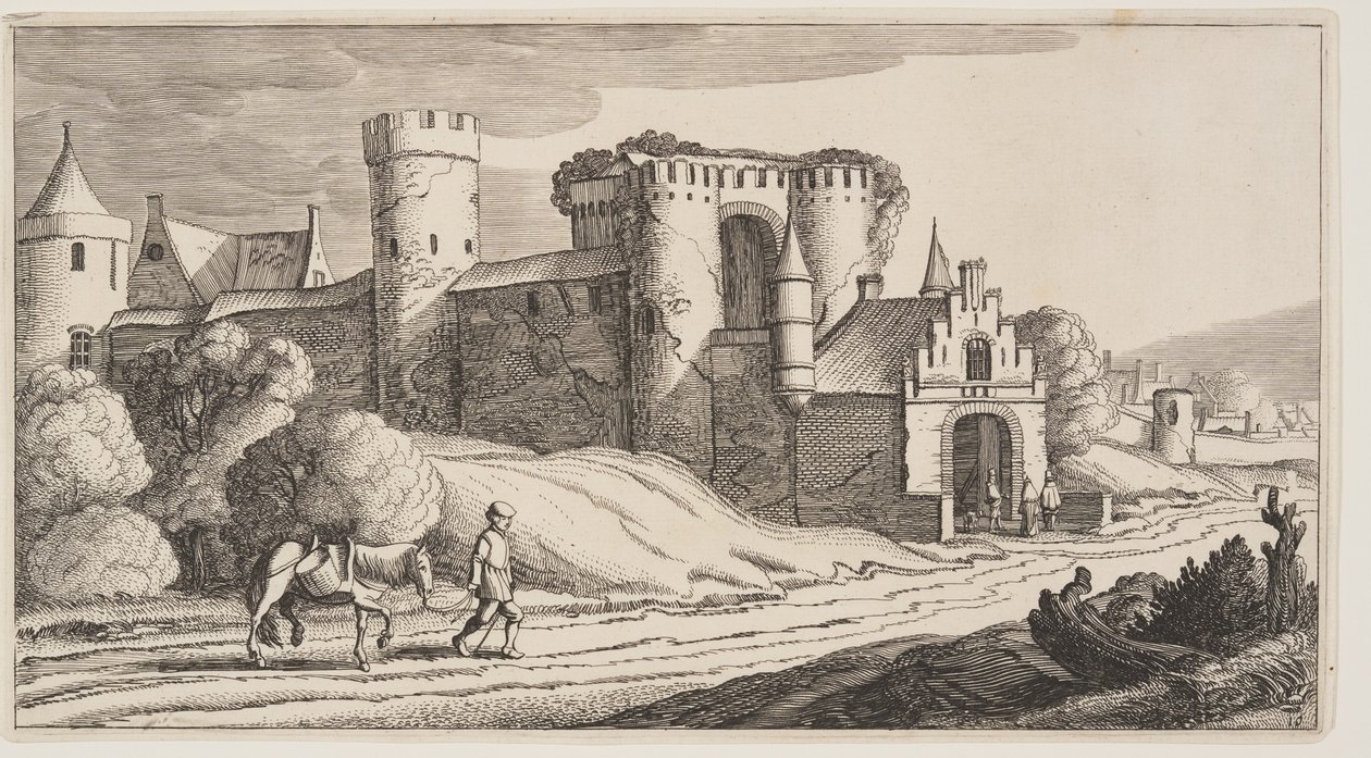 Ein Bauer mit einem Pferd auf einer Straße in der Nähe von Stadtmauern, aus Landschaften (Playsante Lantschappen) von Claes Jansz. Visscher II