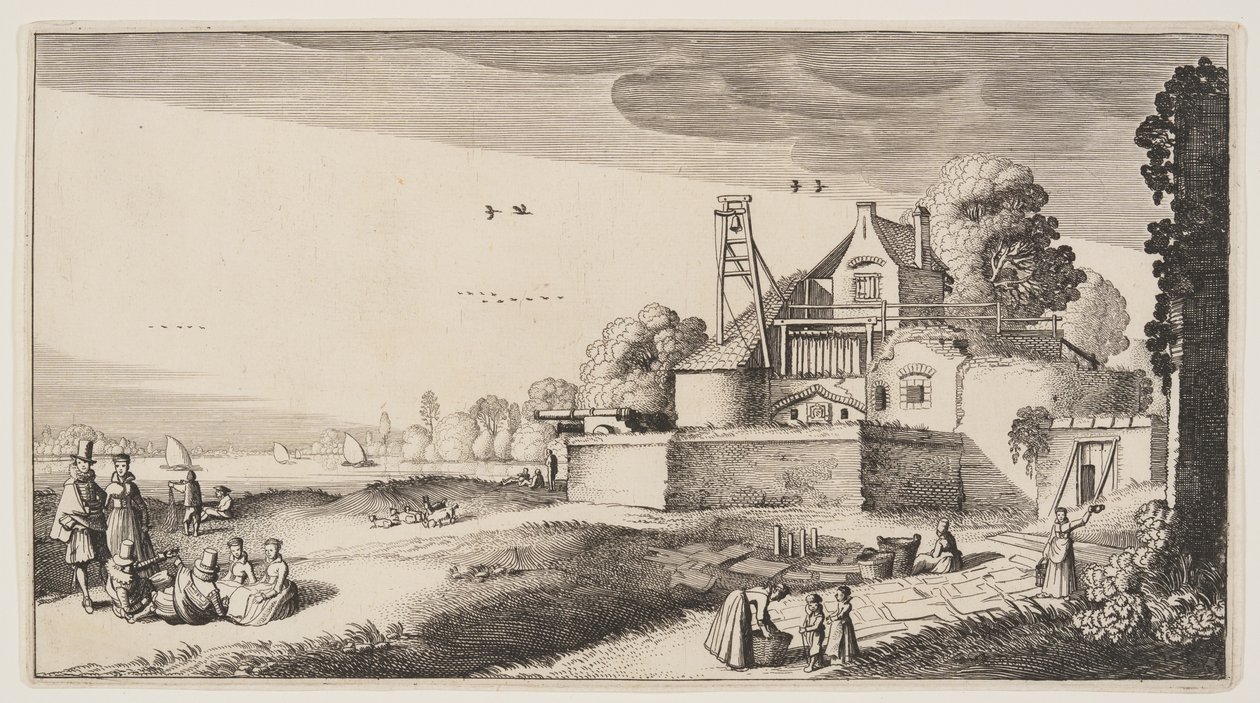 Bleichfeld vor einer Festung an einem Fluss, aus Landschaften (Playsante Lantschappen) von Claes Jansz. Visscher II