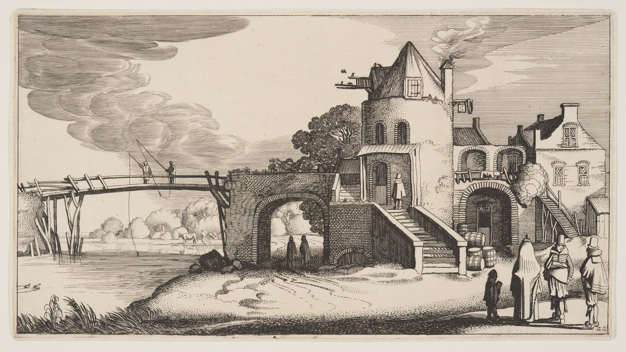Brücke mit einem Mauthaus, aus Landschaften (Playsante Lantschappen) von Claes Jansz. Visscher II
