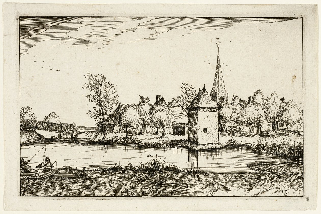 Teich und ein Dorf, Platte fünfzehn nach Bilder von Bauernhöfen, Landhäusern und rustikalen Dörfern von Claes Jansz. Visscher II