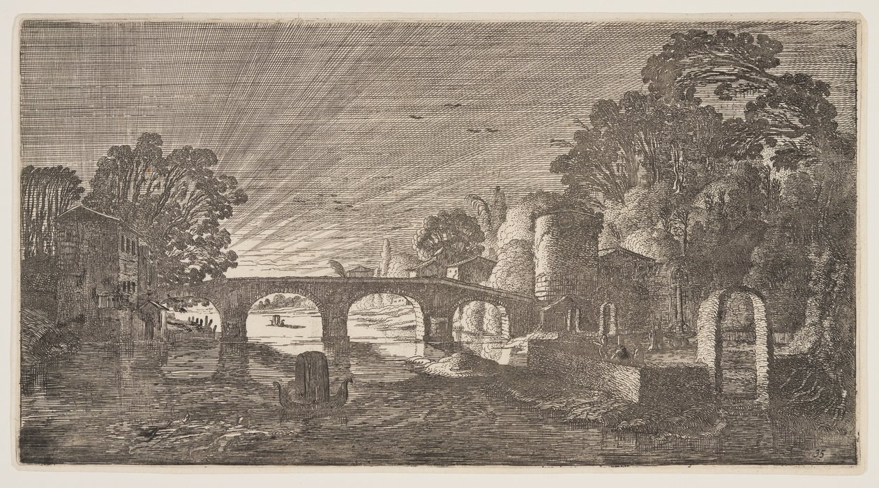 Sonnenuntergang über einem Fluss, aus Landschaften (Playsante Lantschappen) von Claes Jansz. Visscher II