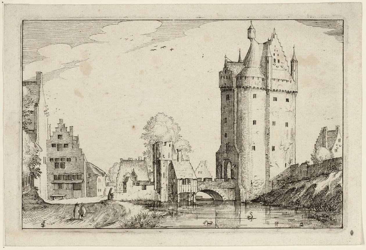 Stadttor, Platte zwei nach Bilder von Bauernhöfen, Landhäusern und rustikalen Dörfern (Praediorum villarum et rusticarum casularum icones) von Claes Jansz. Visscher II