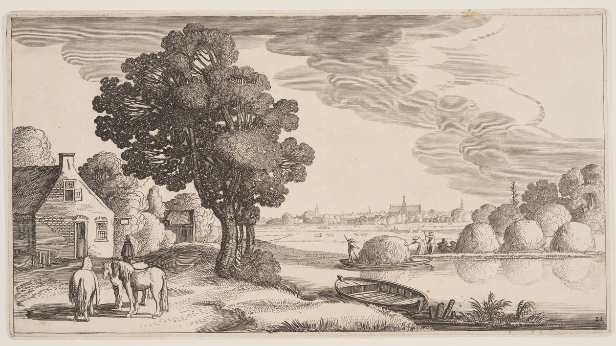 Heutransport auf einem Fluss, aus Landschaften (Playsante Lantschappen) von Claes Jansz. Visscher II
