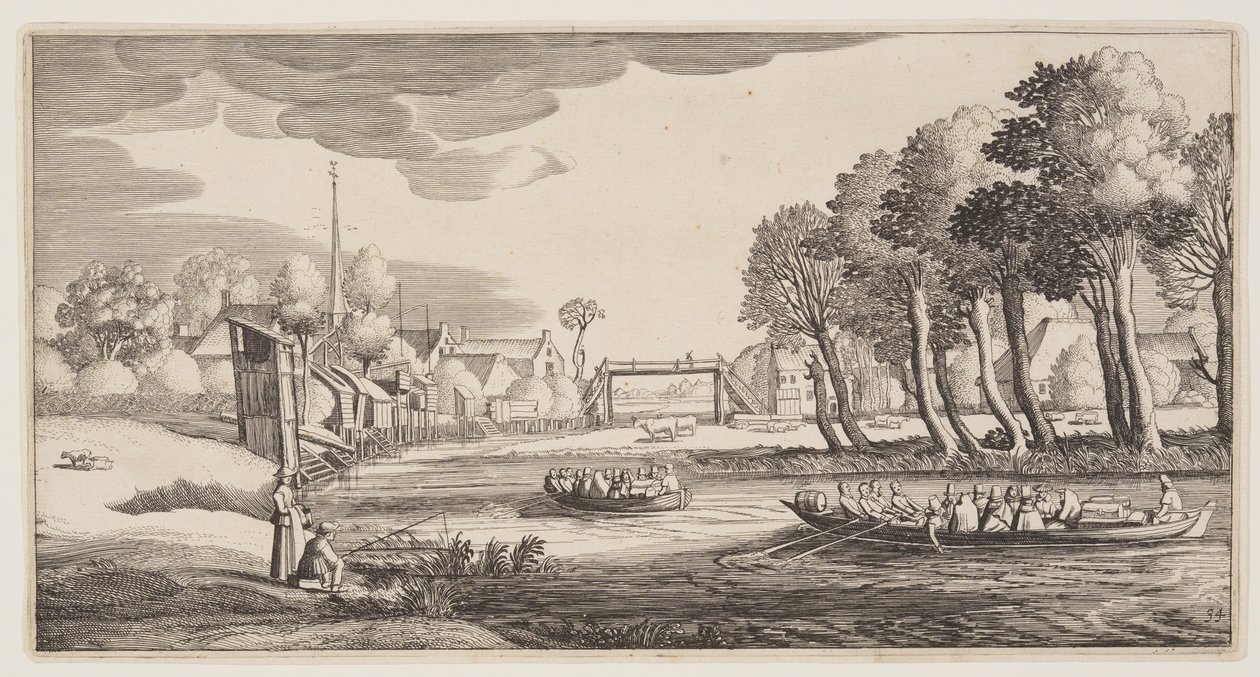 Reisende in Ruderbooten nähern sich einem Dorf, aus Landschaften (Playsante Lantschappen) von Claes Jansz. Visscher II
