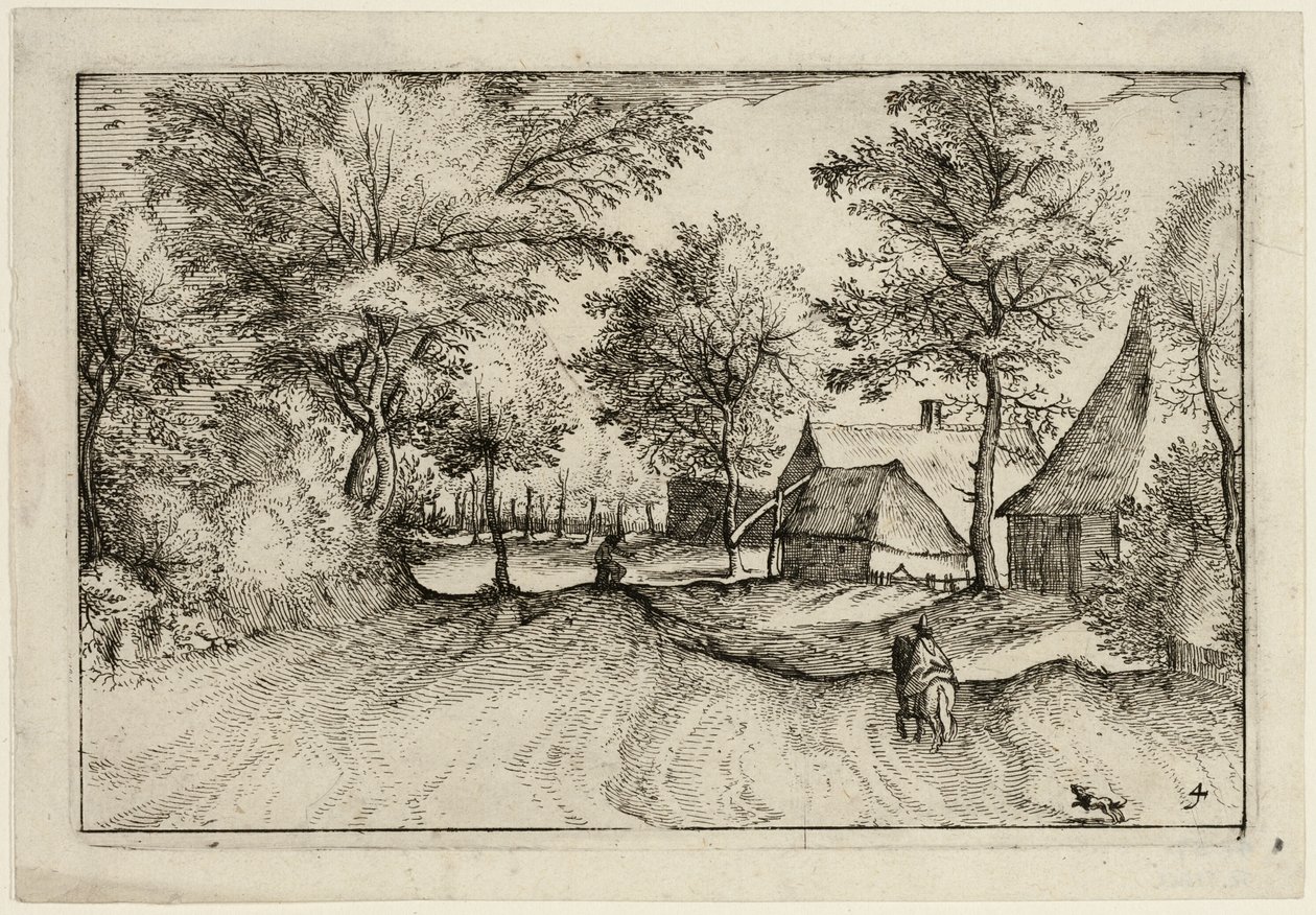 Dorfstraße, Platte vier nach Bilder von Bauernhöfen, Landhäusern und rustikalen Dörfern (Praediorum villarum et rusticarum casularum icones) von Claes Jansz. Visscher II