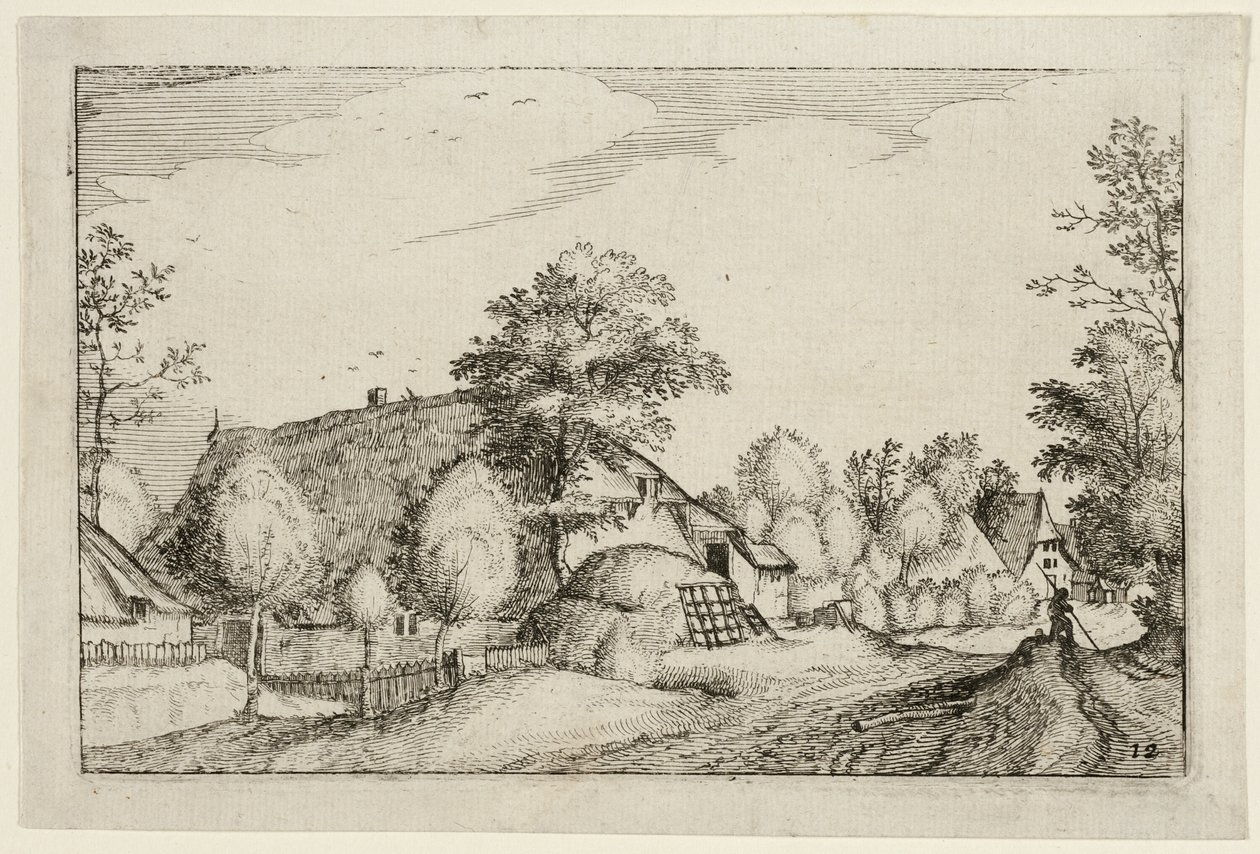Dorfstraße, Platte zwölf nach Bilder von Bauernhöfen, Landhäusern und rustikalen Dörfern (Praediorum villarum et rusticarum casularum icones) von Claes Jansz. Visscher II