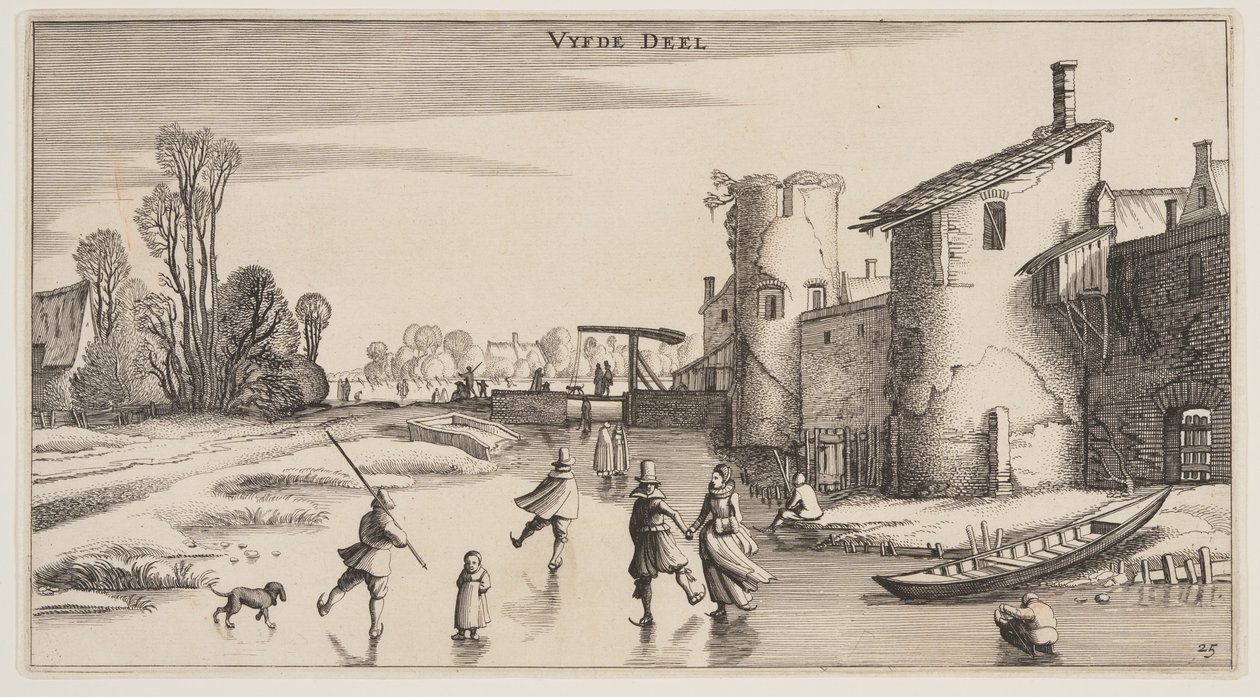 Winterlandschaft mit Schlittschuhläufern entlang einer Stadtmauer, aus Landschaften (Playsante Lantschappen) von Claes Jansz. Visscher II