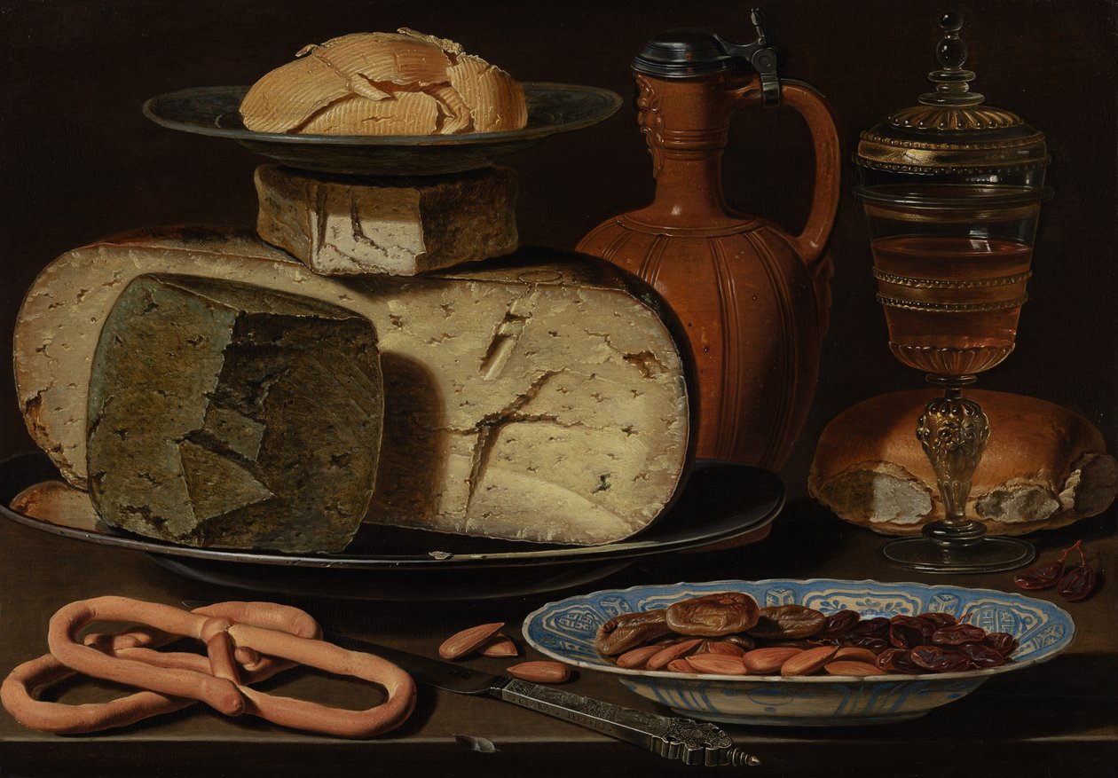 Stillleben mit Käse, Mandeln und Brezeln, um 1615 von Charlotte Evans
