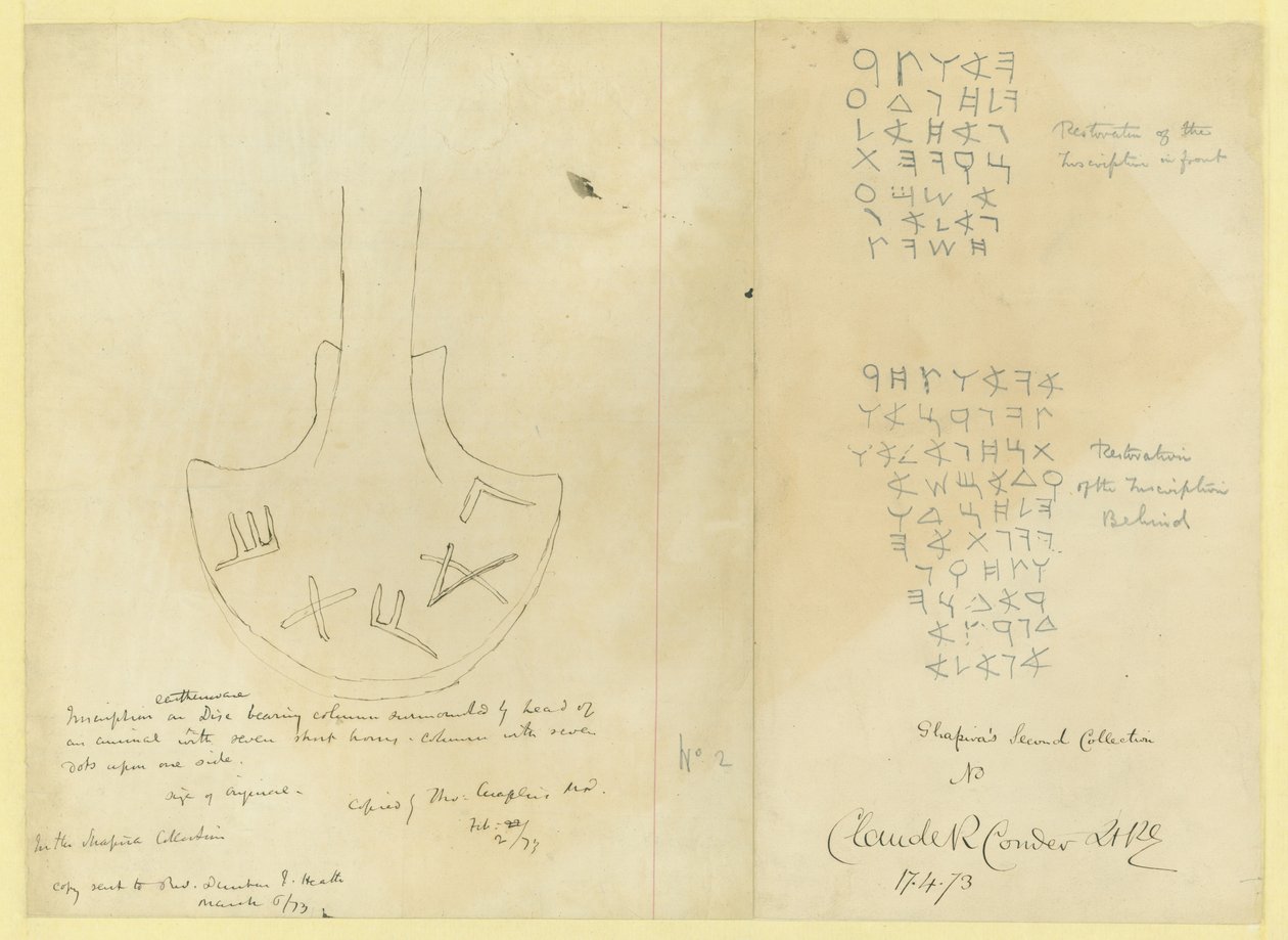 Inschrift auf einer irdenen Scheibe aus Shapiras 2. Sammlung, 1873 von Claude Conder