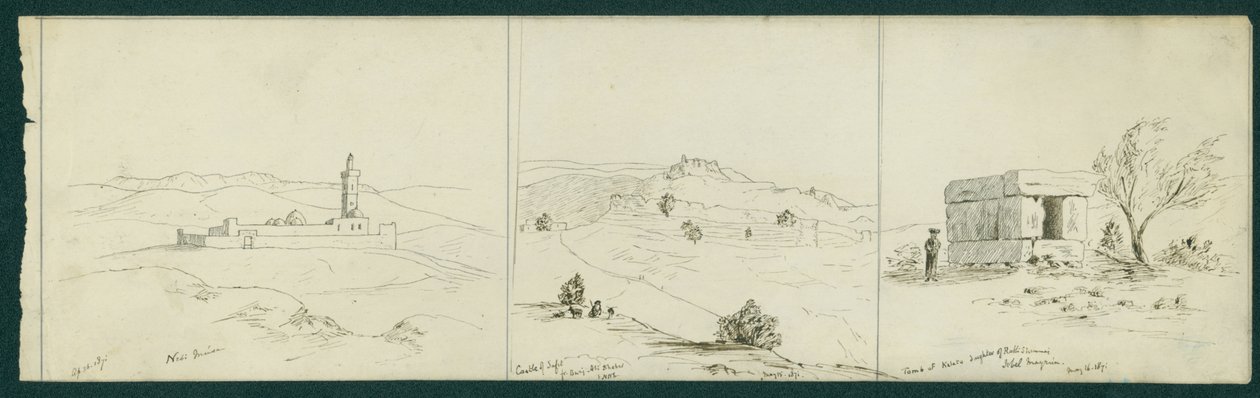 Von links nach rechts: Nebi Musa, Burg von Safet und Grab von Kalata, 1871 von Claude Conder
