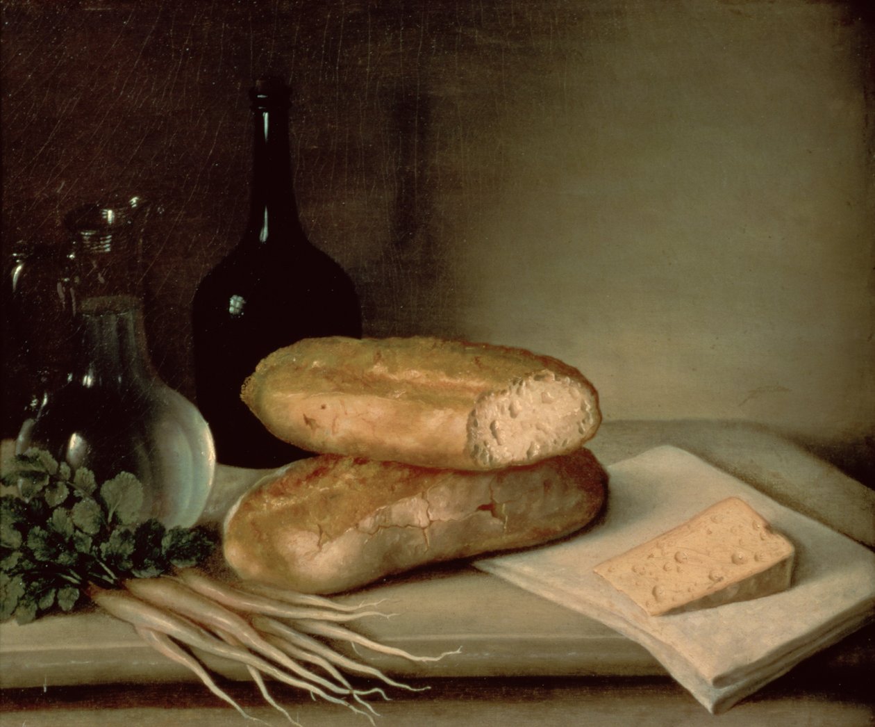 Stillleben mit Brot, Käse und einem Weinkrug von Claude Joseph Fraichot