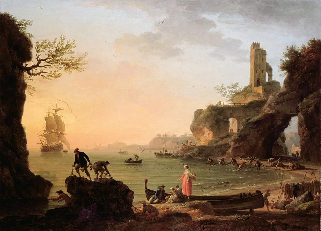 Sonnenuntergang, Fischer ziehen ihre Netze ein, 1760 von Claude Joseph Vernet