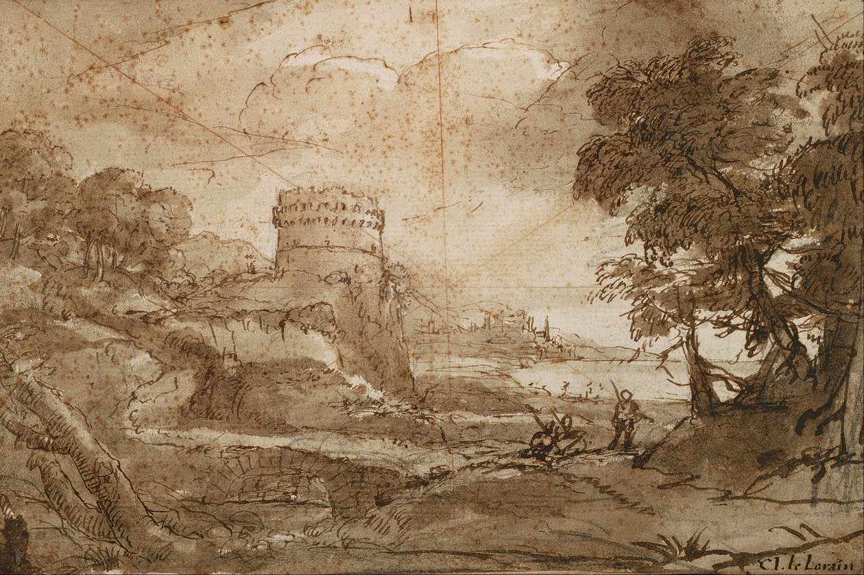 Landschaft mit Rundturm und Bucht von Claude Lorrain