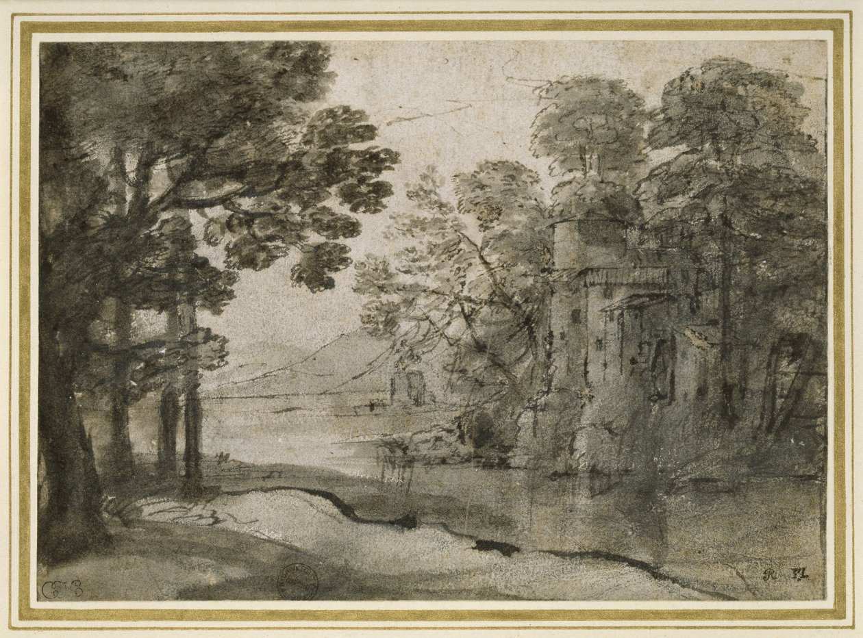 Wassermühle zwischen Bäumen, um 1635-38 von Claude Lorrain