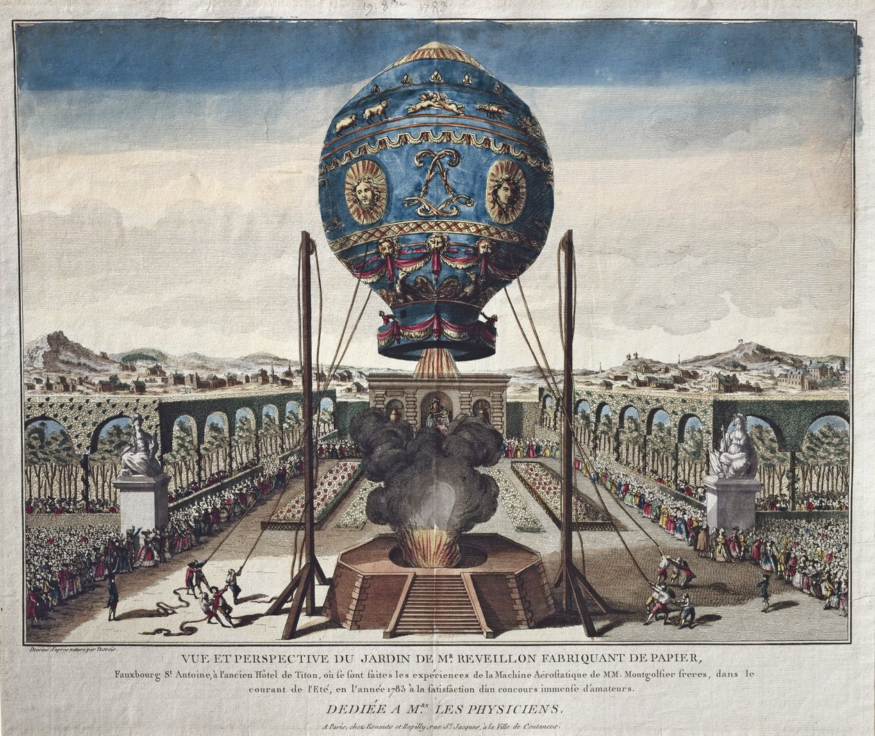 Ansicht des Ballonexperiments der Gebrüder Montgolfier im Garten von M. Reveillon am 19. Oktober 1783 von Claude Louis Desrais