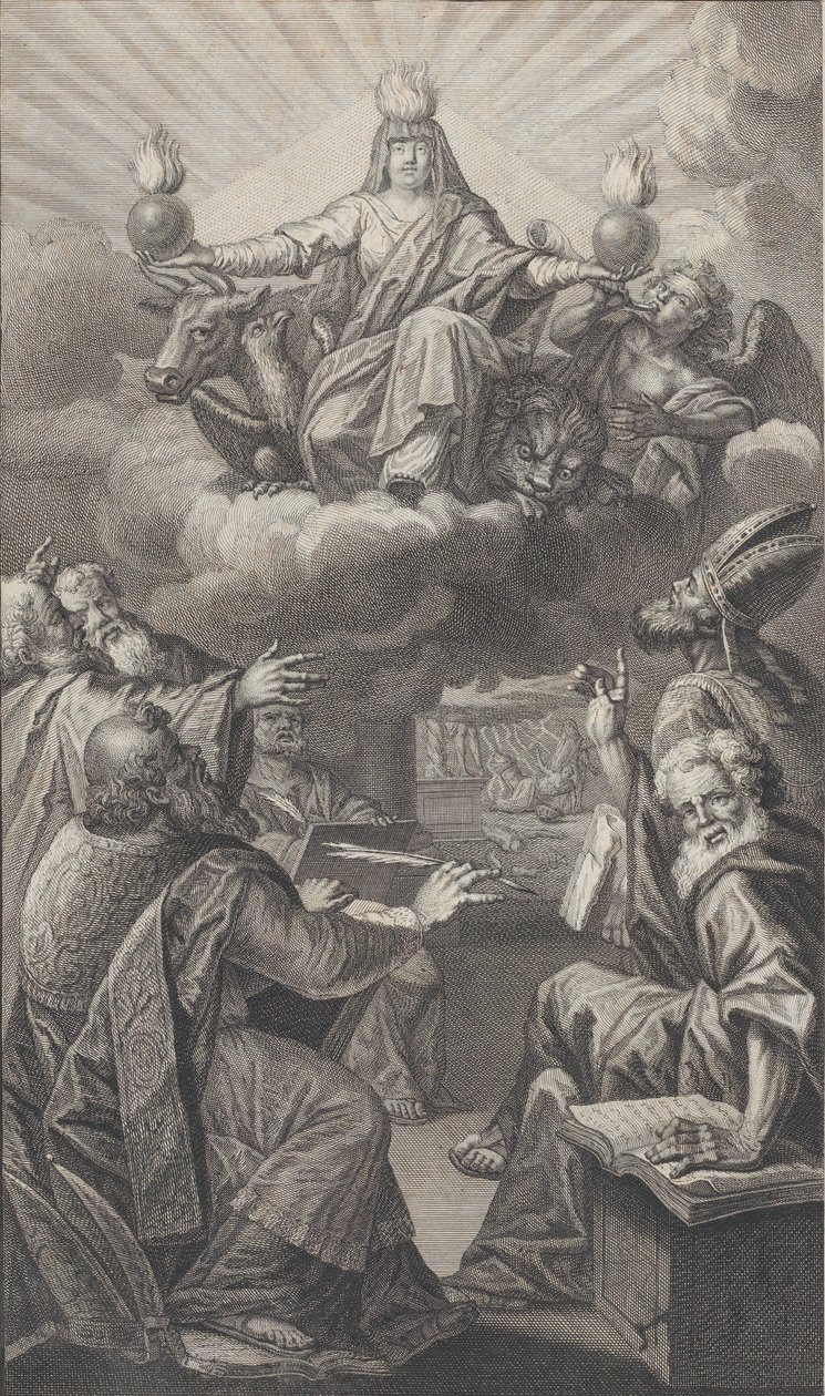 Allegorische Figur erscheint auf Wolken, während eine Gruppe von Männern unten hinaufschaut, 1728 von Claude Augustin Duflos
