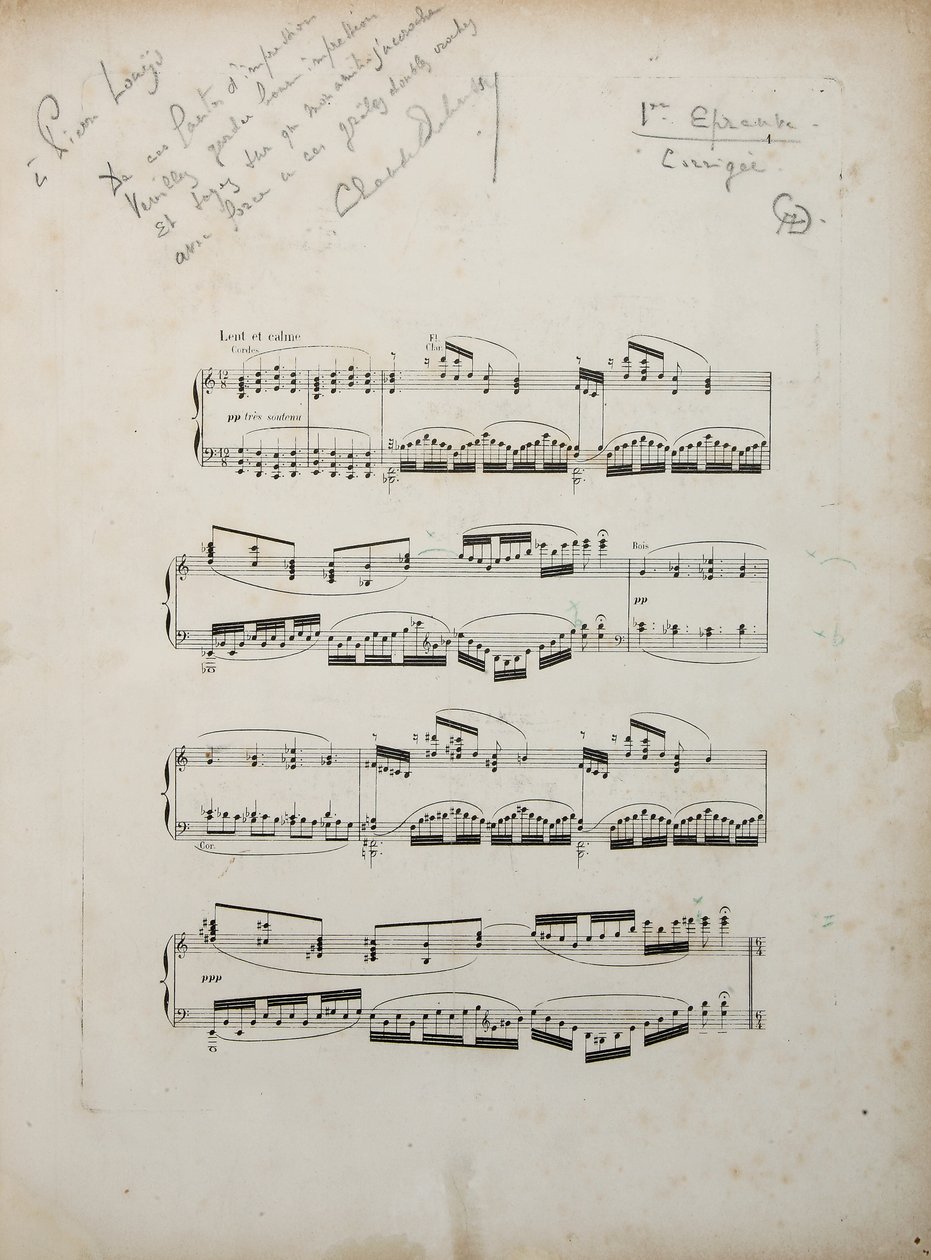 Seite aus dem ersten korrigierten Proof von "La damoiselle elue", um 1887-88 von Claude Debussy