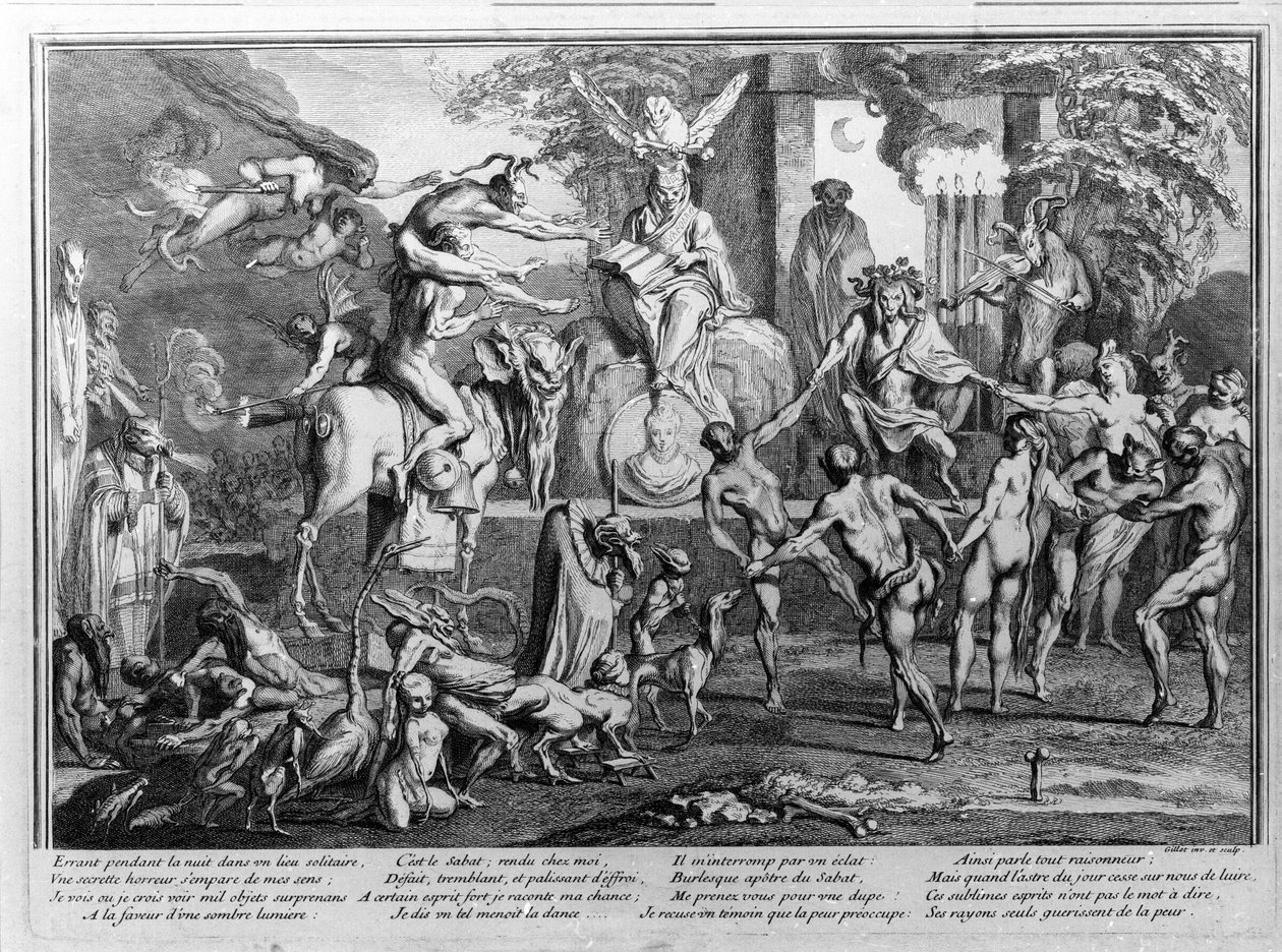 Sabbatzeremonie, Dämonen, Hexen und monströse Kreaturen tanzen. Gravur von Gillet von Claude Gillot